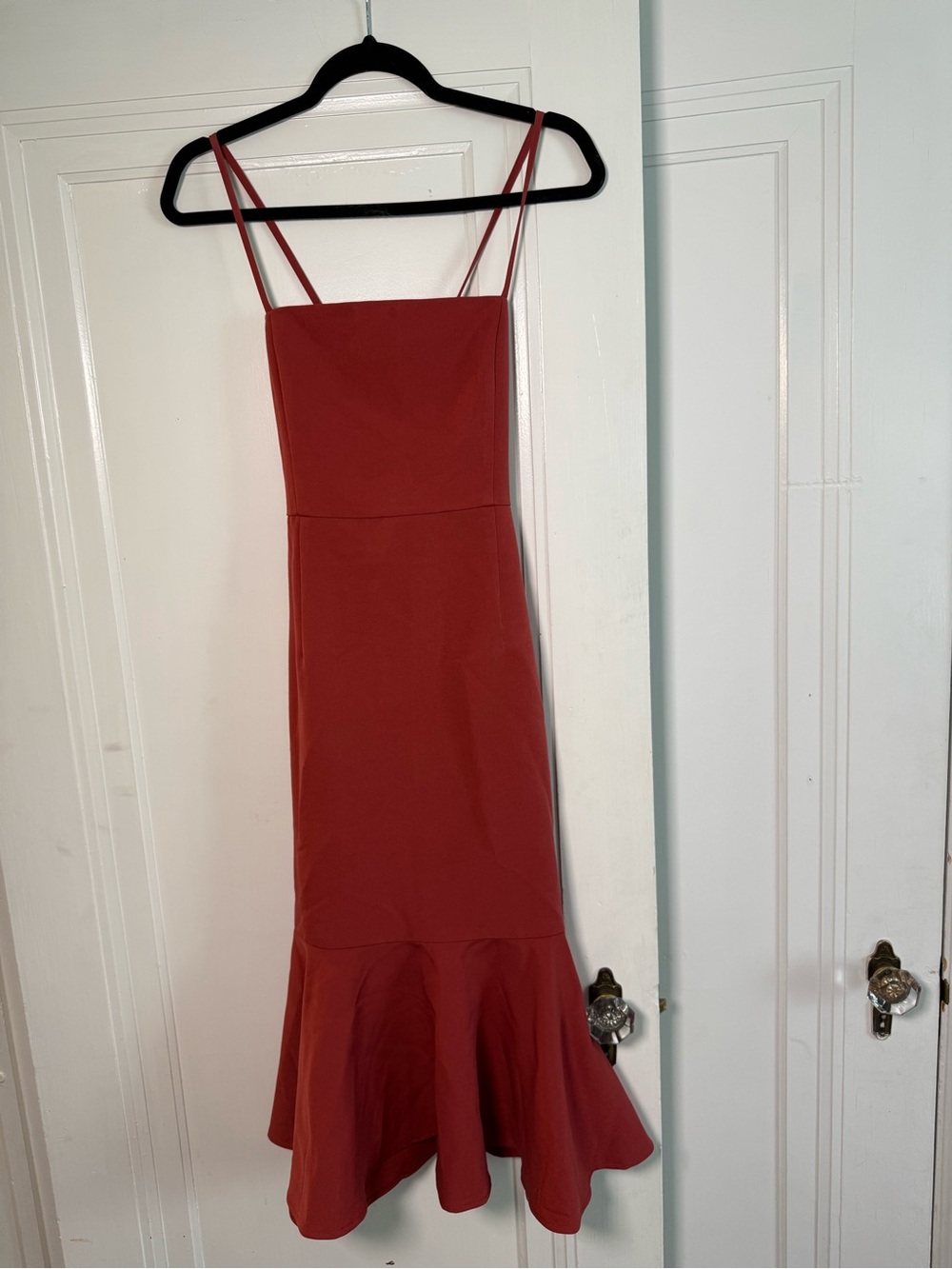 Rust Square Neck Spaghetti Strap Ruffle Hem Midi Dress